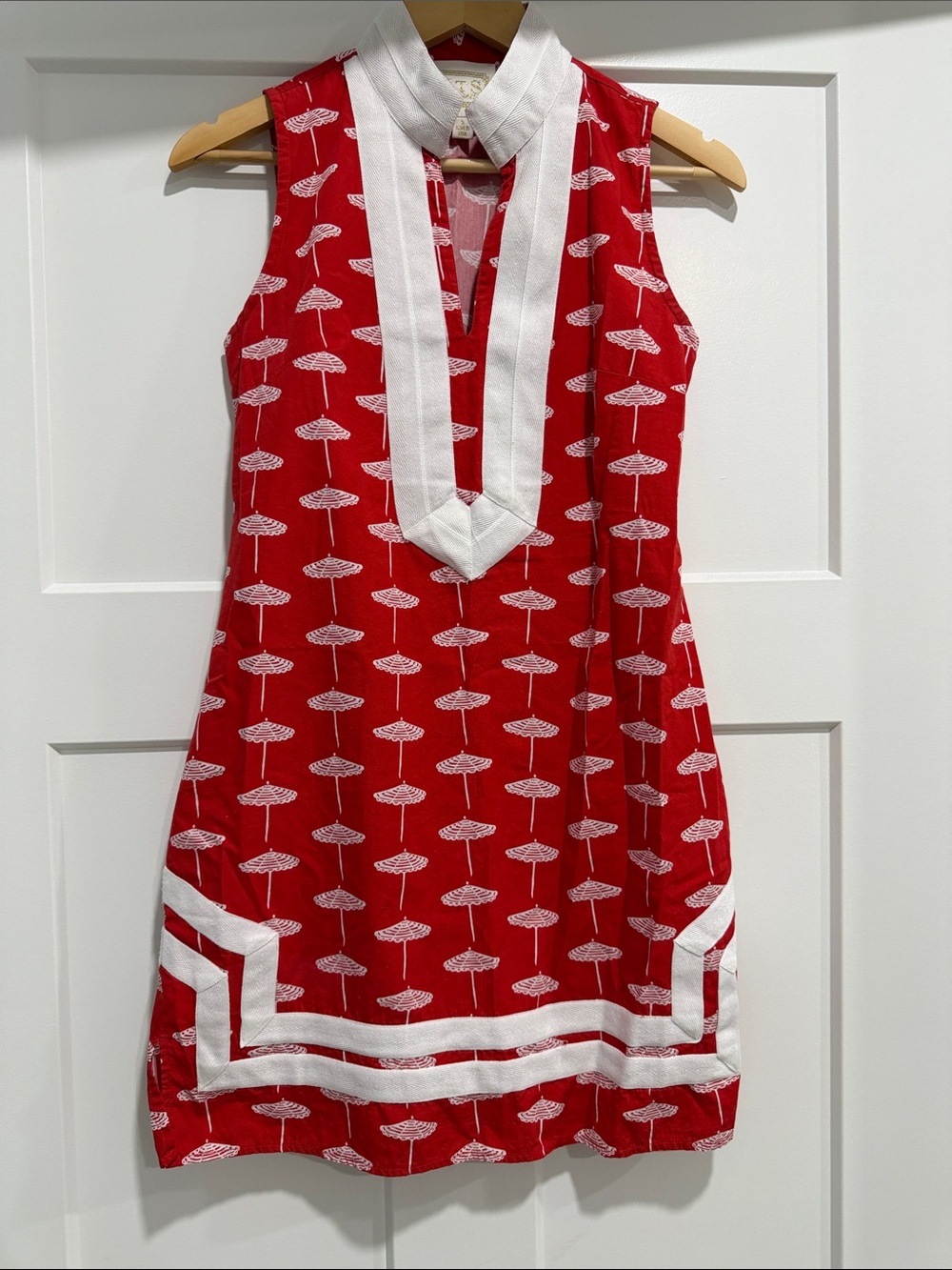 Sail to Sable Red Sleeveless Printed Shift Dress with White Trim